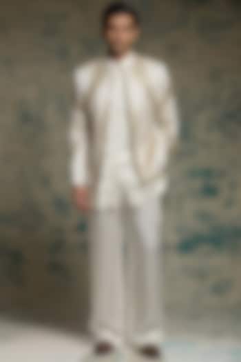 Ivory Linen Silk Hand Embroidered Groom Indowestern Jacket Set by Jatin Malik at Pernia's Pop Up Shop