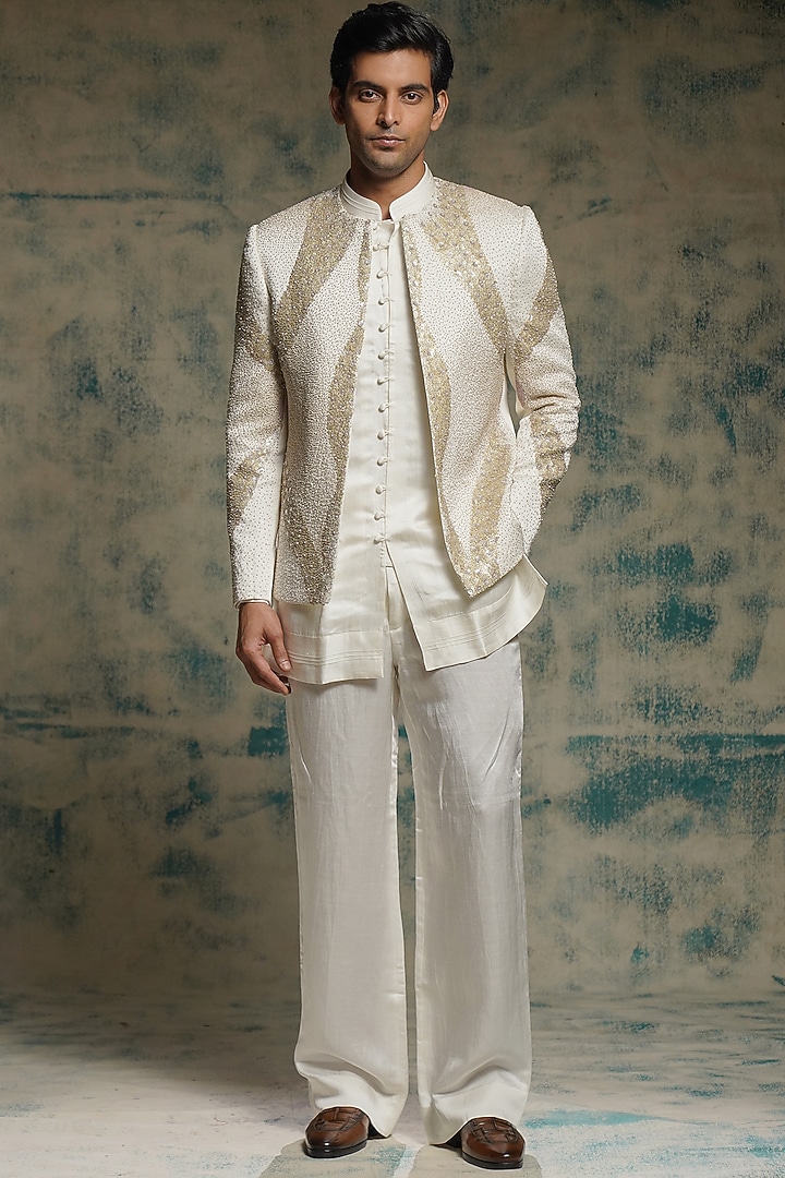 Ivory Linen Silk Hand Embroidered Groom Indowestern Jacket Set by Jatin Malik at Pernia's Pop Up Shop