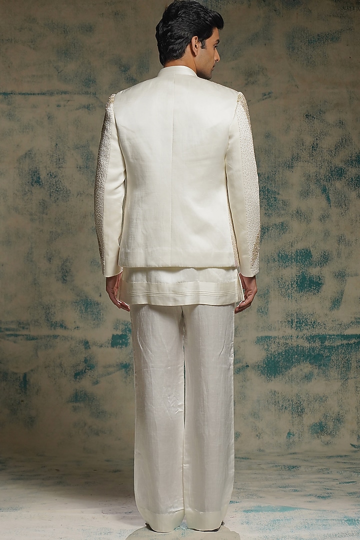 Ivory Linen Silk Hand Embroidered Groom Indowestern Jacket Set by Jatin Malik at Pernia's Pop Up Shop