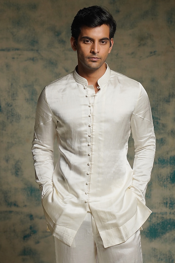 Ivory Linen Silk Hand Embroidered Groom Indowestern Jacket Set by Jatin Malik at Pernia's Pop Up Shop