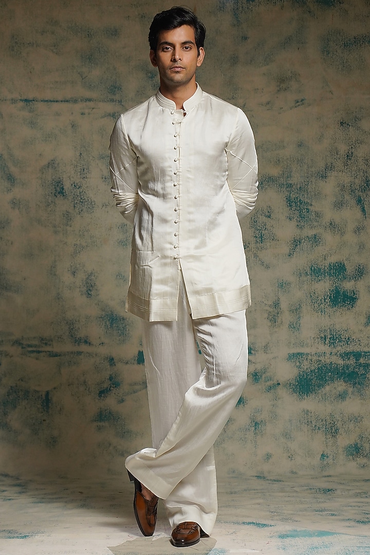 Ivory Linen Silk Hand Embroidered Groom Indowestern Jacket Set by Jatin Malik at Pernia's Pop Up Shop