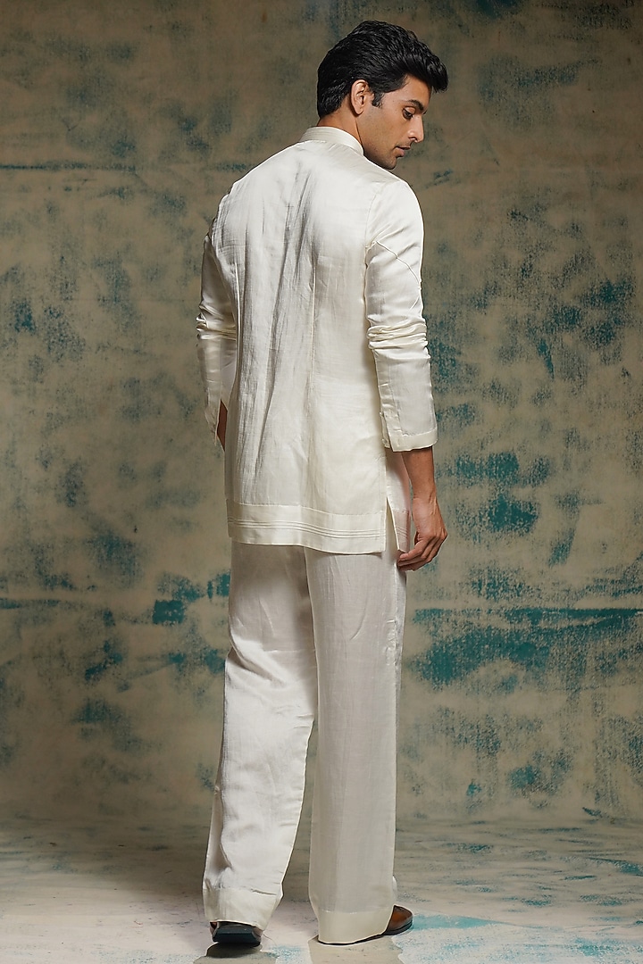 Ivory Linen Silk Hand Embroidered Groom Indowestern Jacket Set by Jatin Malik at Pernia's Pop Up Shop