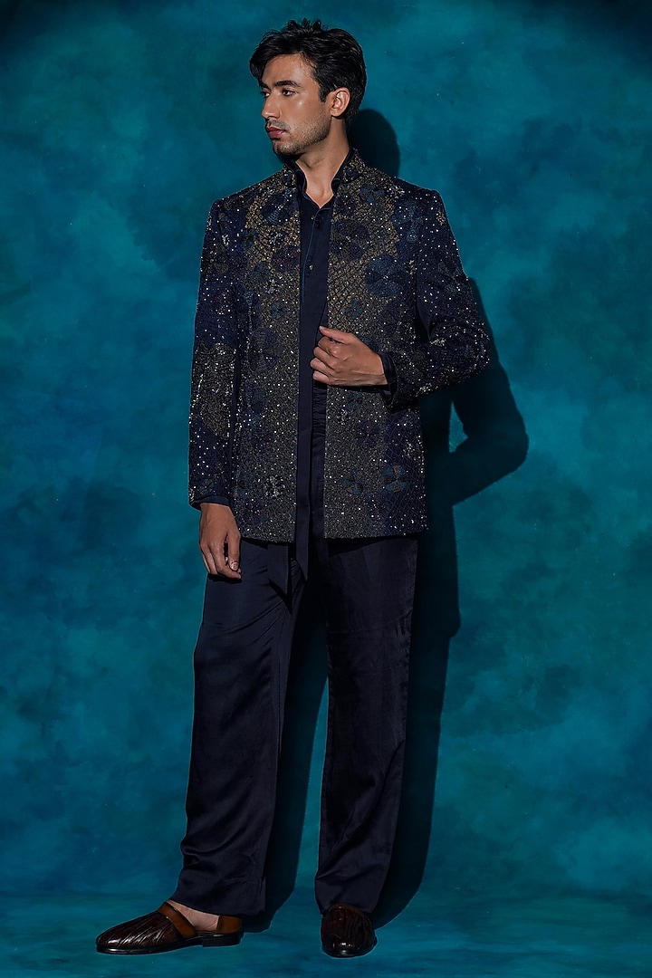 Midnight Blue Linen Silk Hand Embroidered Groom Indowestern Jacket Set by Jatin Malik at Pernia's Pop Up Shop