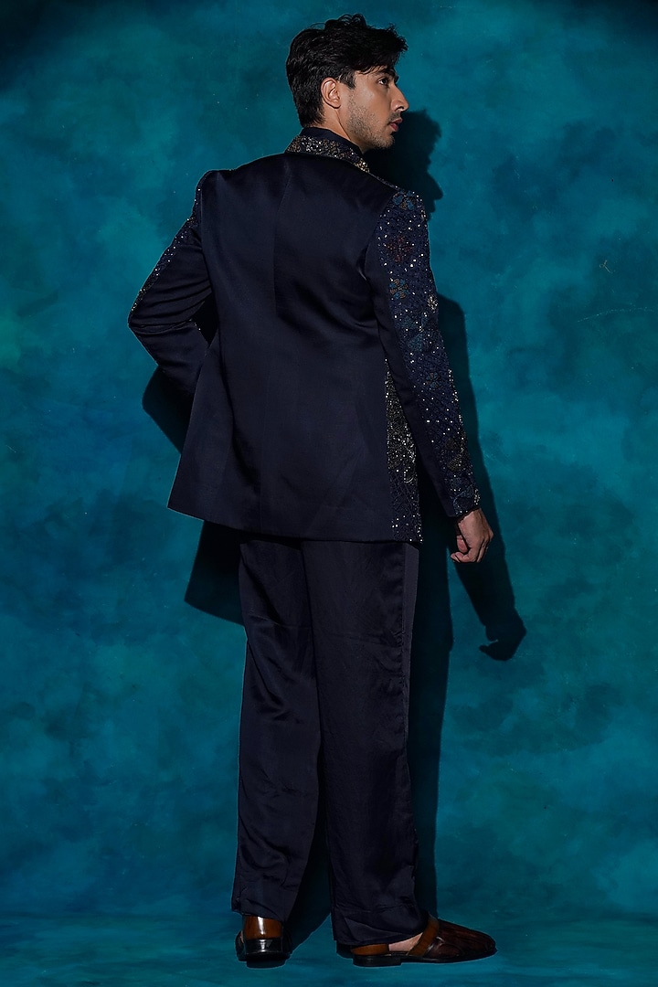 Midnight Blue Linen Silk Hand Embroidered Groom Indowestern Jacket Set by Jatin Malik at Pernia's Pop Up Shop