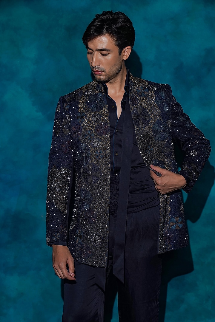 Midnight Blue Linen Silk Hand Embroidered Groom Indowestern Jacket Set by Jatin Malik at Pernia's Pop Up Shop