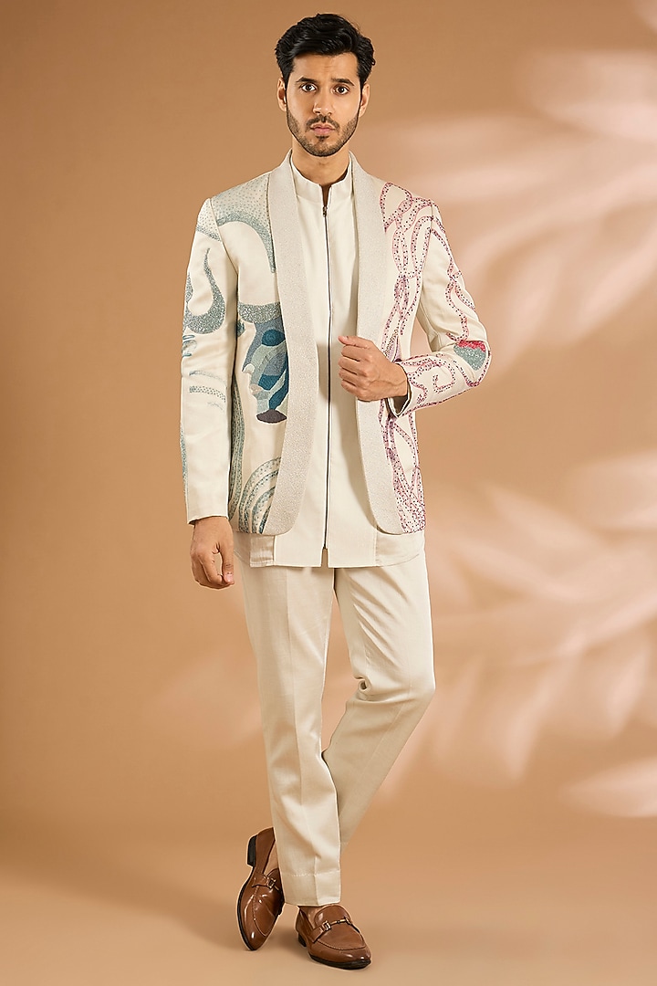 Ivory Silk Groom Indowestern Set by Jatin Malik at Pernia's Pop Up Shop