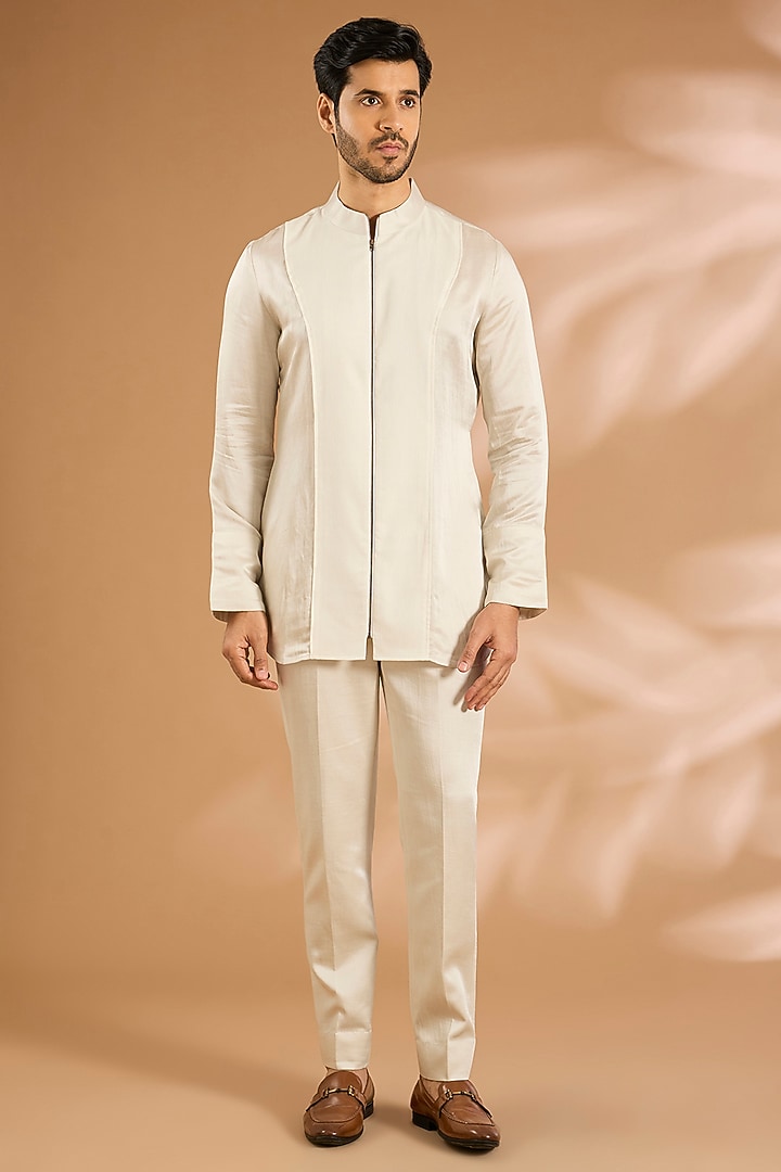 Ivory Silk Groom Indowestern Set by Jatin Malik at Pernia's Pop Up Shop