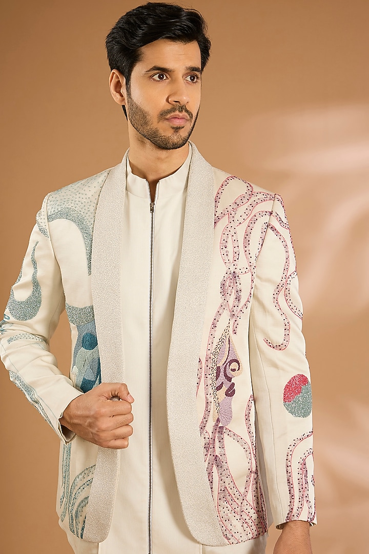 Ivory Silk Groom Indowestern Set by Jatin Malik at Pernia's Pop Up Shop