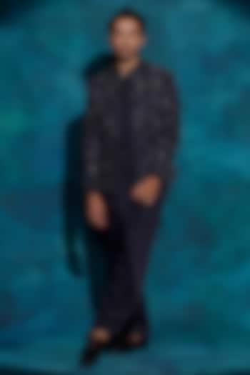 Midnight Blue Linen Silk Hand Embroidered Groom Indowestern Jacket Set by Jatin Malik at Pernia's Pop Up Shop