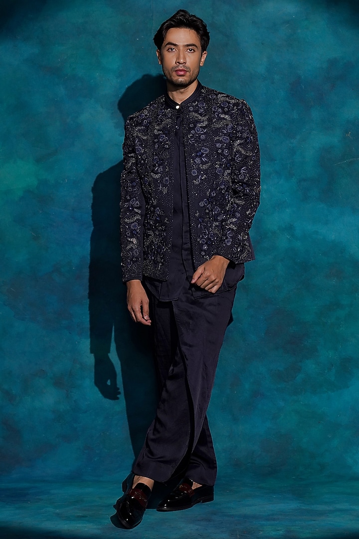 Midnight Blue Linen Silk Hand Embroidered Groom Indowestern Jacket Set by Jatin Malik at Pernia's Pop Up Shop