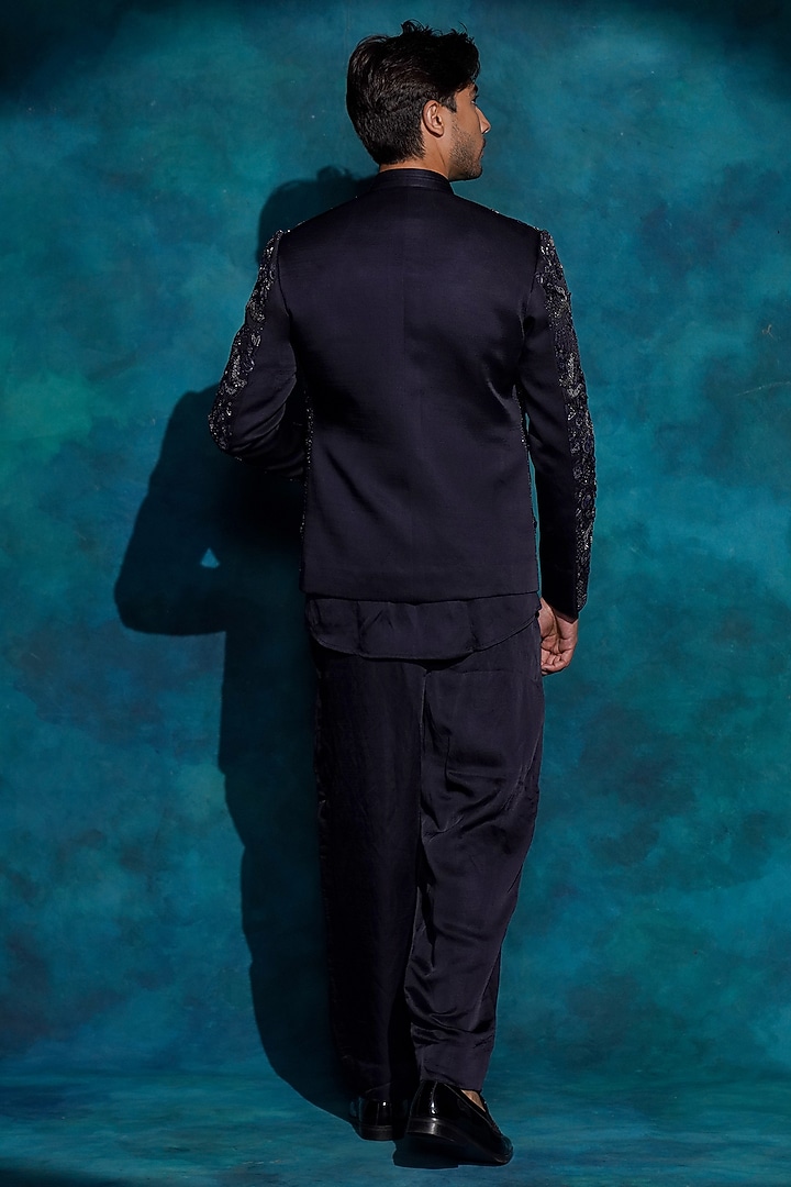 Midnight Blue Linen Silk Hand Embroidered Groom Indowestern Jacket Set by Jatin Malik at Pernia's Pop Up Shop