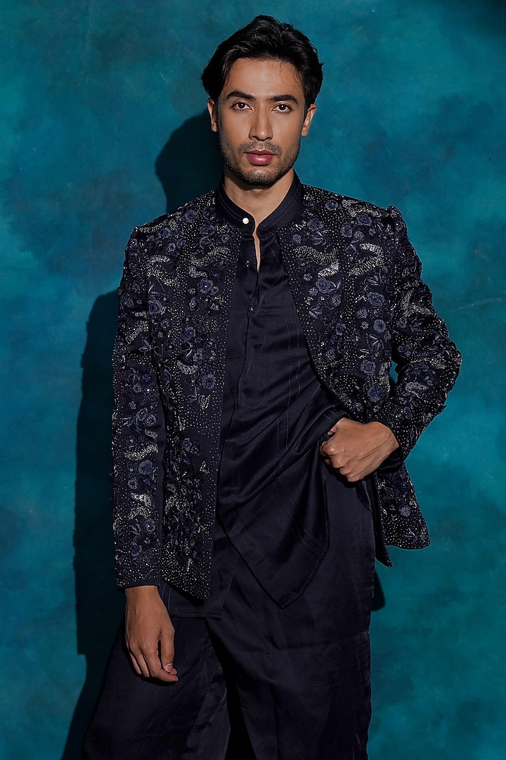 Midnight Blue Linen Silk Hand Embroidered Groom Indowestern Jacket Set by Jatin Malik at Pernia's Pop Up Shop