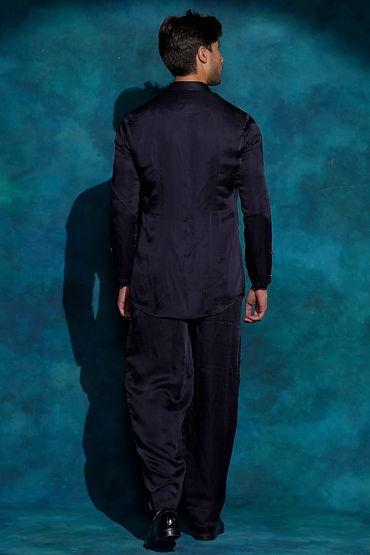 Midnight Blue Linen Silk Hand Embroidered Groom Indowestern Jacket Set by Jatin Malik at Pernia's Pop Up Shop
