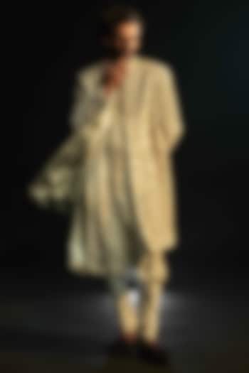 Ivory Linen Silk Cutdana Hand Embroidered Groom Sherwani Set by Jatin Malik at Pernia's Pop Up Shop