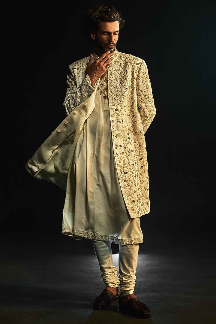 Ivory Linen Silk Cutdana Hand Embroidered Groom Sherwani Set by Jatin Malik at Pernia's Pop Up Shop