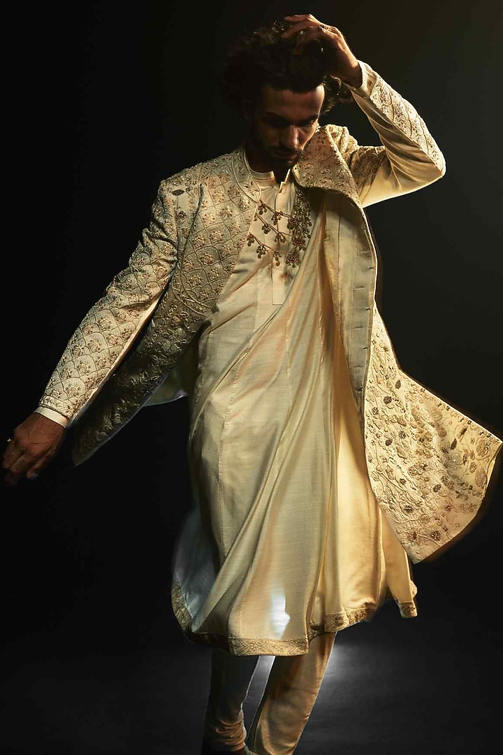 Ivory Linen Silk Cutdana Hand Embroidered Groom Sherwani Set by Jatin Malik at Pernia's Pop Up Shop