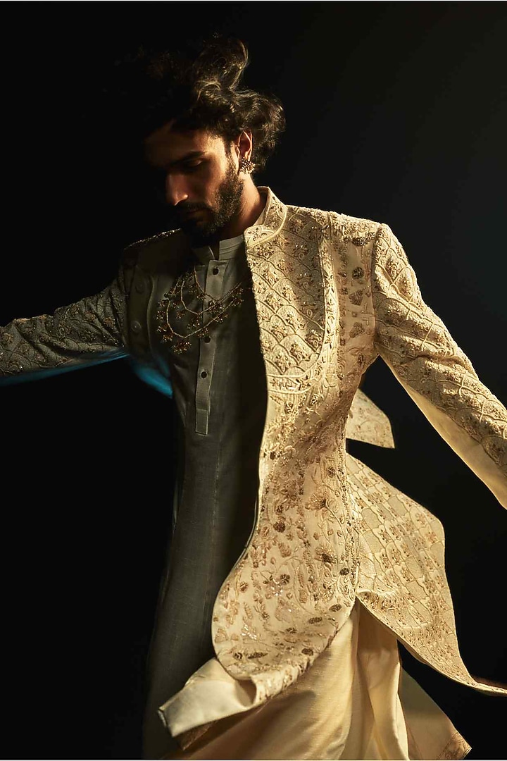 Ivory Linen Silk Cutdana Hand Embroidered Groom Sherwani Set by Jatin Malik at Pernia's Pop Up Shop