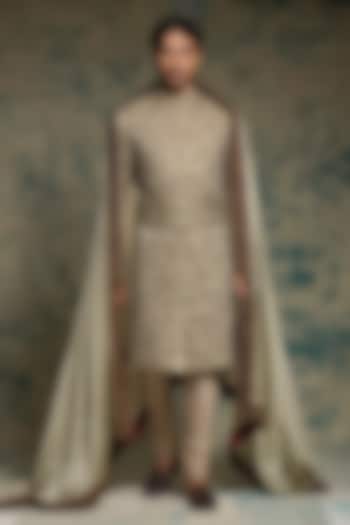 Ivory Linen Silk Sequins Hand Embroidered Groom Sherwani Set by Jatin Malik at Pernia's Pop Up Shop