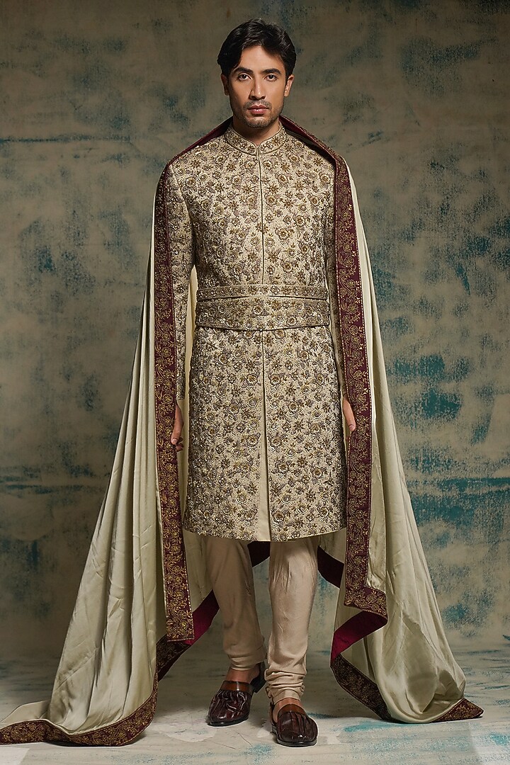 Ivory Linen Silk Sequins Hand Embroidered Groom Sherwani Set by Jatin Malik at Pernia's Pop Up Shop
