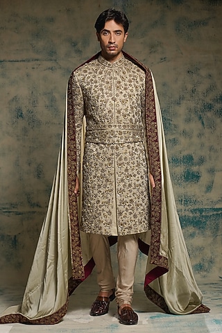 Ivory Linen Silk Sequins Hand Embroidered Sherwani Set by Jatin Malik