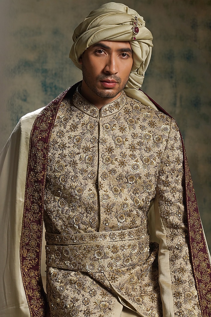 Ivory Linen Silk Sequins Hand Embroidered Groom Sherwani Set by Jatin Malik at Pernia's Pop Up Shop