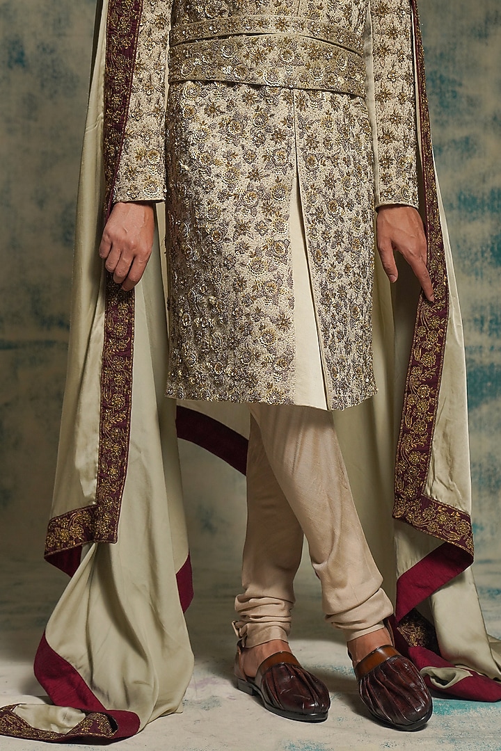 Ivory Linen Silk Sequins Hand Embroidered Groom Sherwani Set by Jatin Malik at Pernia's Pop Up Shop
