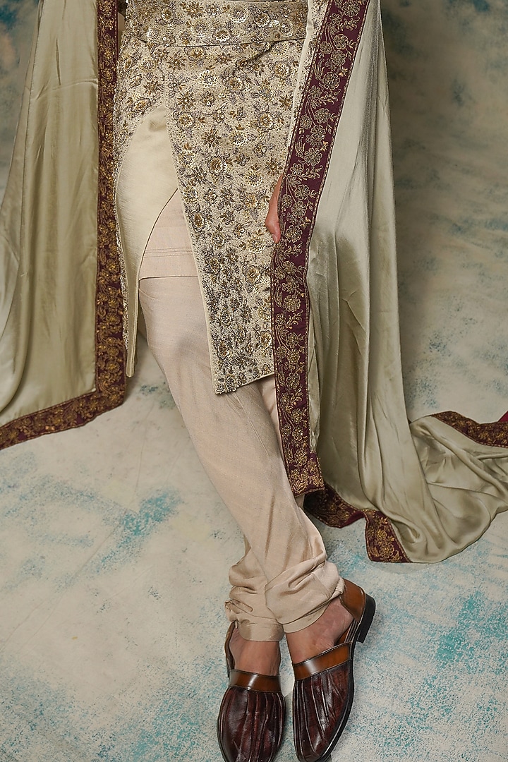 Ivory Linen Silk Sequins Hand Embroidered Groom Sherwani Set by Jatin Malik at Pernia's Pop Up Shop