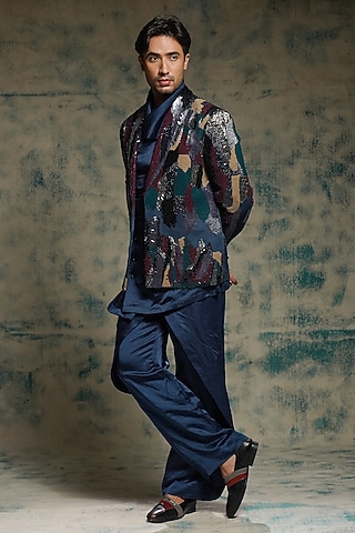 Multi-Colored Linen Silk Zardosi Embroidered Indowestern Jacket Set by Jatin Malik