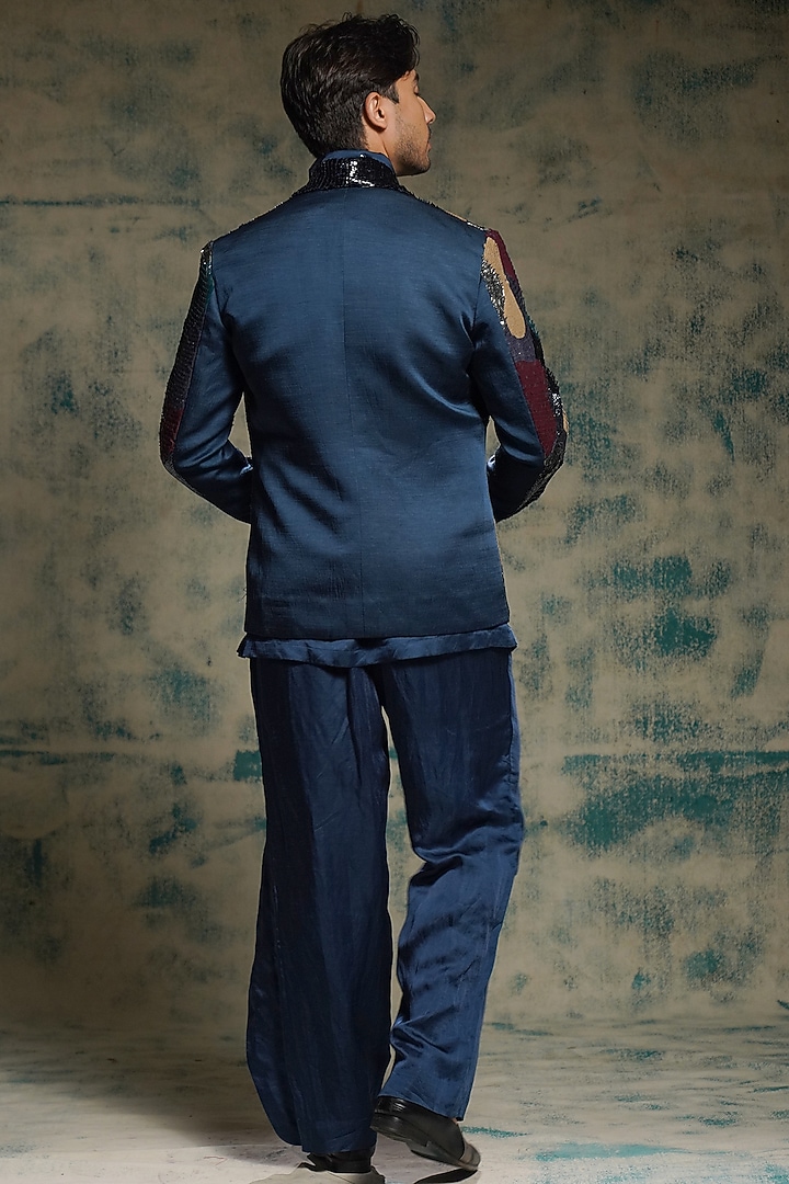 Multi-Colored Linen Silk Zardosi Embroidered Groom Indowestern Jacket Set by Jatin Malik at Pernia's Pop Up Shop