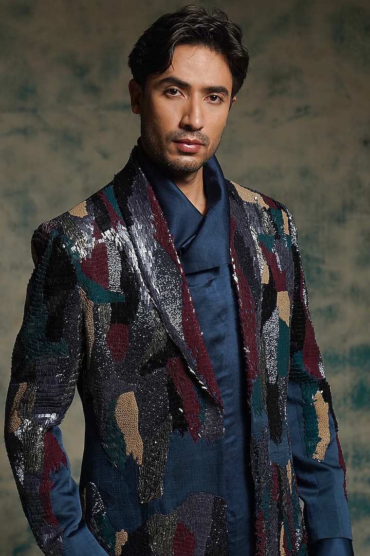 Multi-Colored Linen Silk Zardosi Embroidered Groom Indowestern Jacket Set by Jatin Malik at Pernia's Pop Up Shop