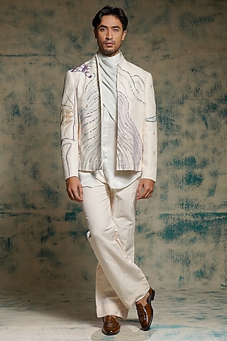 Ivory Cotton Linen Handpainted & Sequins Embellished Blazer Set by Jatin Malik