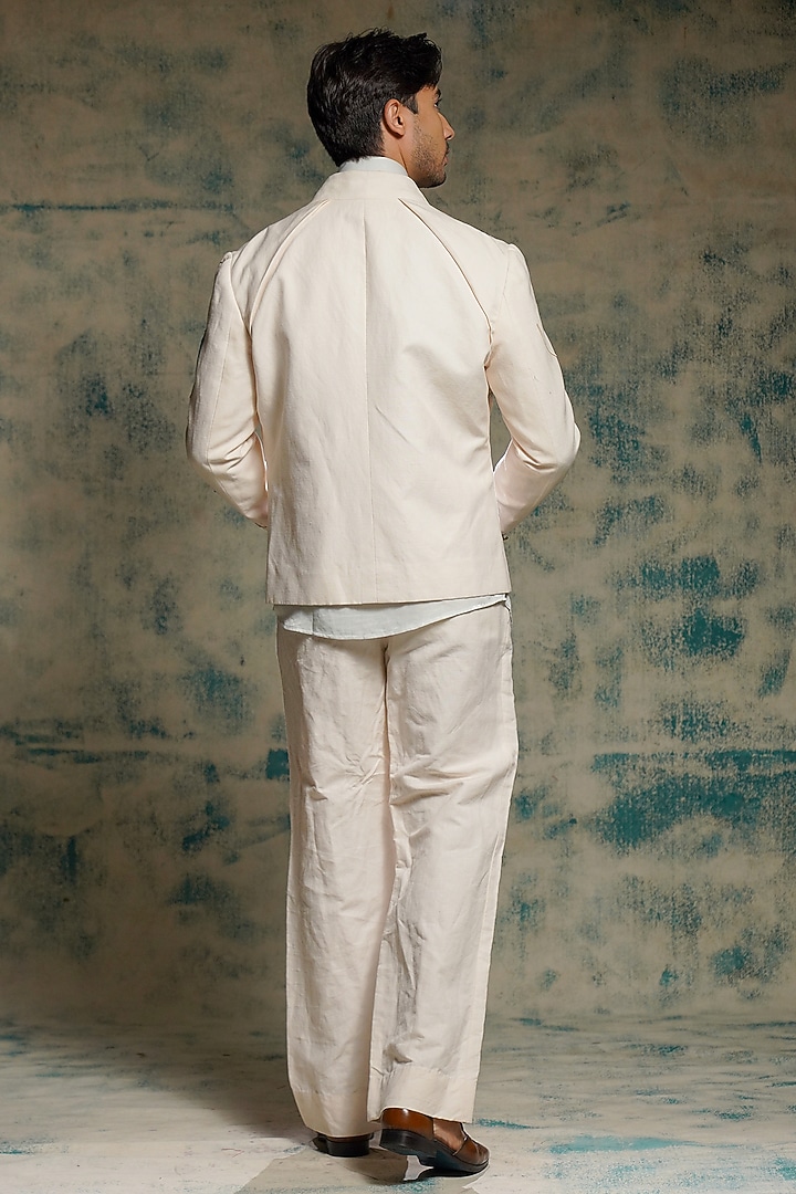 Ivory Cotton Linen Handpainted & Sequins Embellished Blazer Set by Jatin Malik at Pernia's Pop Up Shop