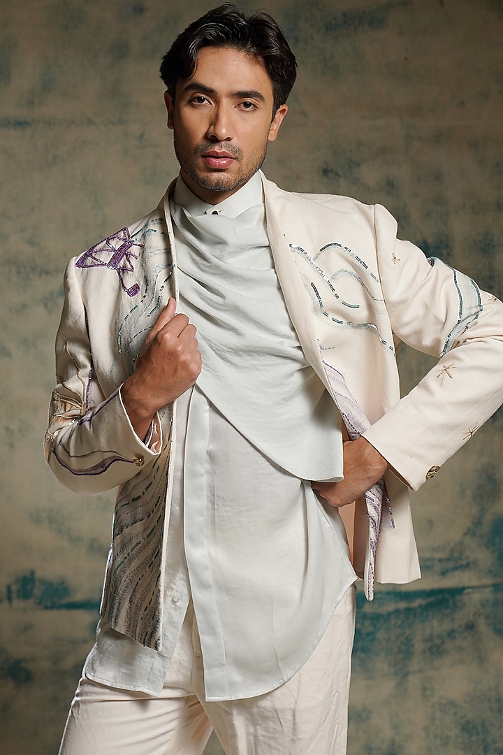 Ivory Cotton Linen Handpainted & Sequins Embellished Blazer Set by Jatin Malik at Pernia's Pop Up Shop