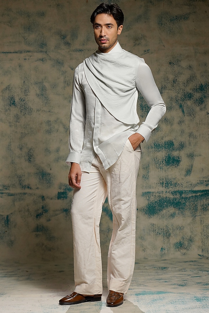 Ivory Cotton Linen Handpainted & Sequins Embellished Blazer Set by Jatin Malik at Pernia's Pop Up Shop