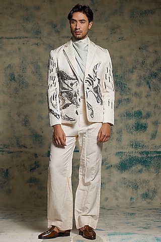 Ivory Linen Silk Embroidered Blazer Set by Jatin Malik