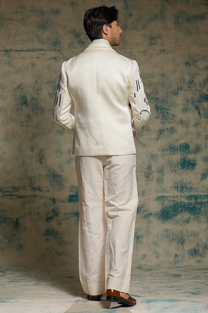 Ivory Linen Silk Embroidered Blazer Set by Jatin Malik at Pernia's Pop Up Shop