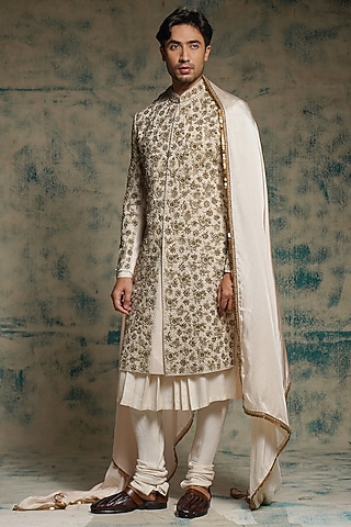 Ivory Linen Silk Sequins Hand Embroidered Sherwani Set by Jatin Malik