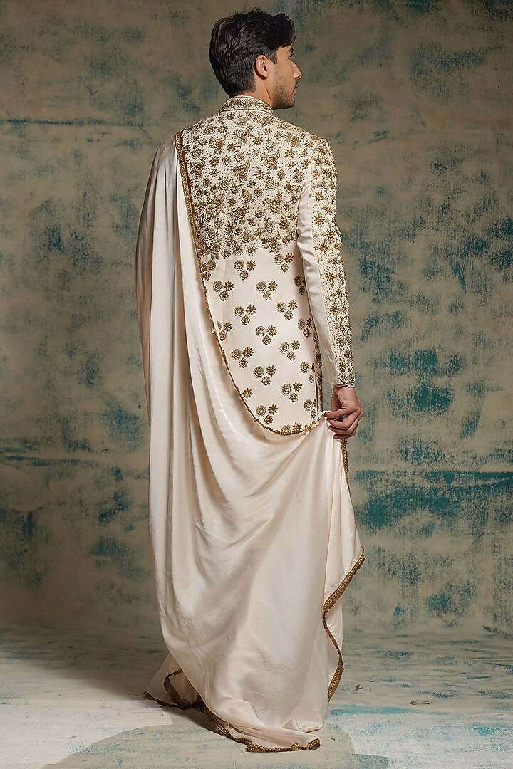 Ivory Linen Silk Sequins Hand Embroidered Groom Sherwani Set by Jatin Malik at Pernia's Pop Up Shop