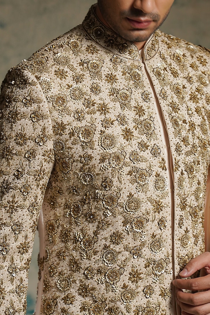Ivory Linen Silk Sequins Hand Embroidered Groom Sherwani Set by Jatin Malik at Pernia's Pop Up Shop