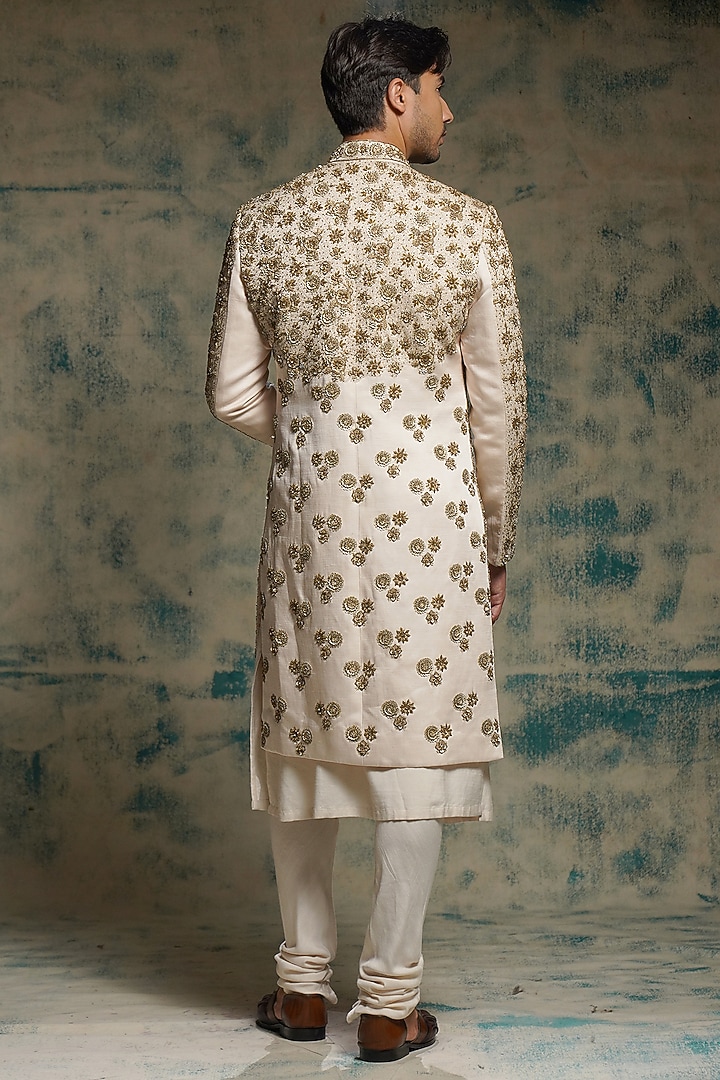 Ivory Linen Silk Sequins Hand Embroidered Groom Sherwani Set by Jatin Malik at Pernia's Pop Up Shop