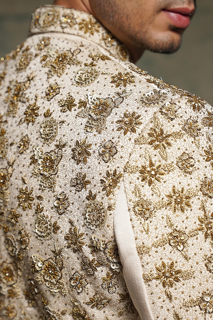 Ivory Linen Silk Sequins Hand Embroidered Groom Sherwani Set by Jatin Malik at Pernia's Pop Up Shop