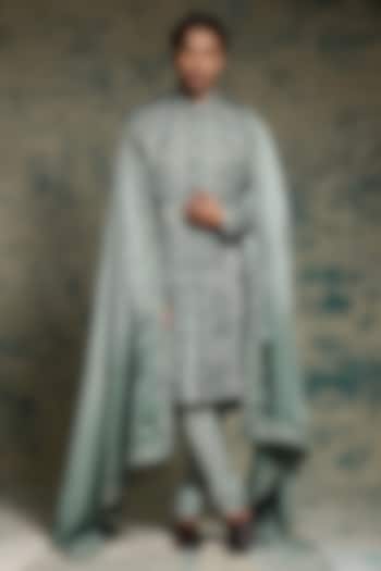 Grey Linen Silk Hand Embroidered Groom Sherwani Set by Jatin Malik at Pernia's Pop Up Shop