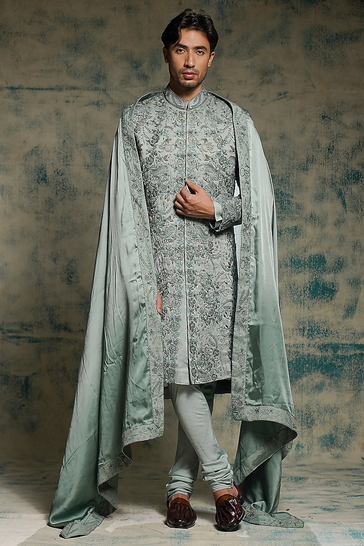 Grey Linen Silk Hand Embroidered Groom Sherwani Set by Jatin Malik at Pernia's Pop Up Shop