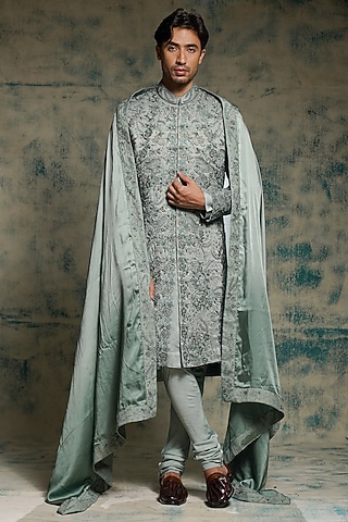 Grey Linen Silk Hand Embroidered Sherwani Set by Jatin Malik