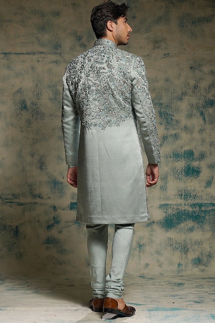 Grey Linen Silk Hand Embroidered Groom Sherwani Set by Jatin Malik at Pernia's Pop Up Shop