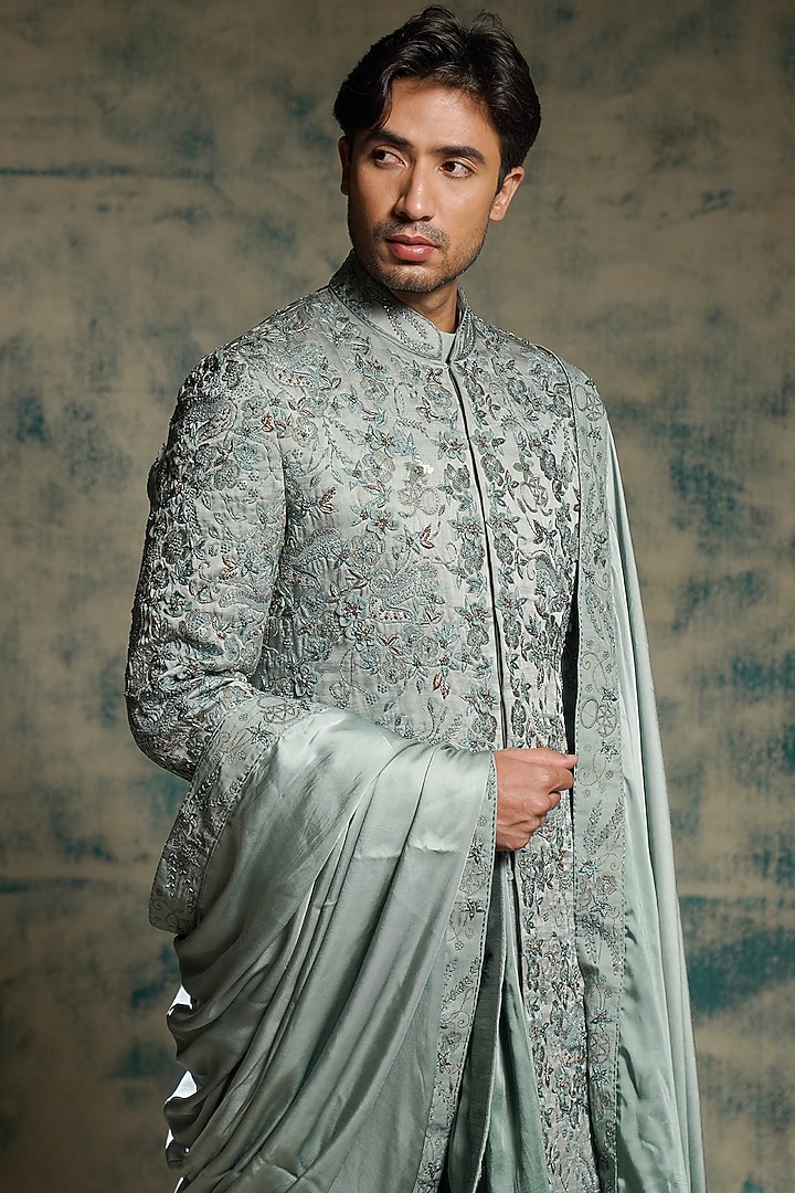 Grey Linen Silk Hand Embroidered Groom Sherwani Set by Jatin Malik at Pernia's Pop Up Shop