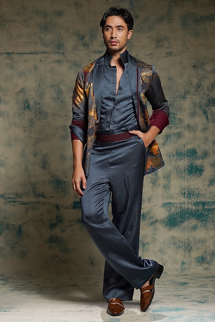 Charcoal Blue Linen Silk Handpainted & Hand Embroidered Blazer Set by Jatin Malik