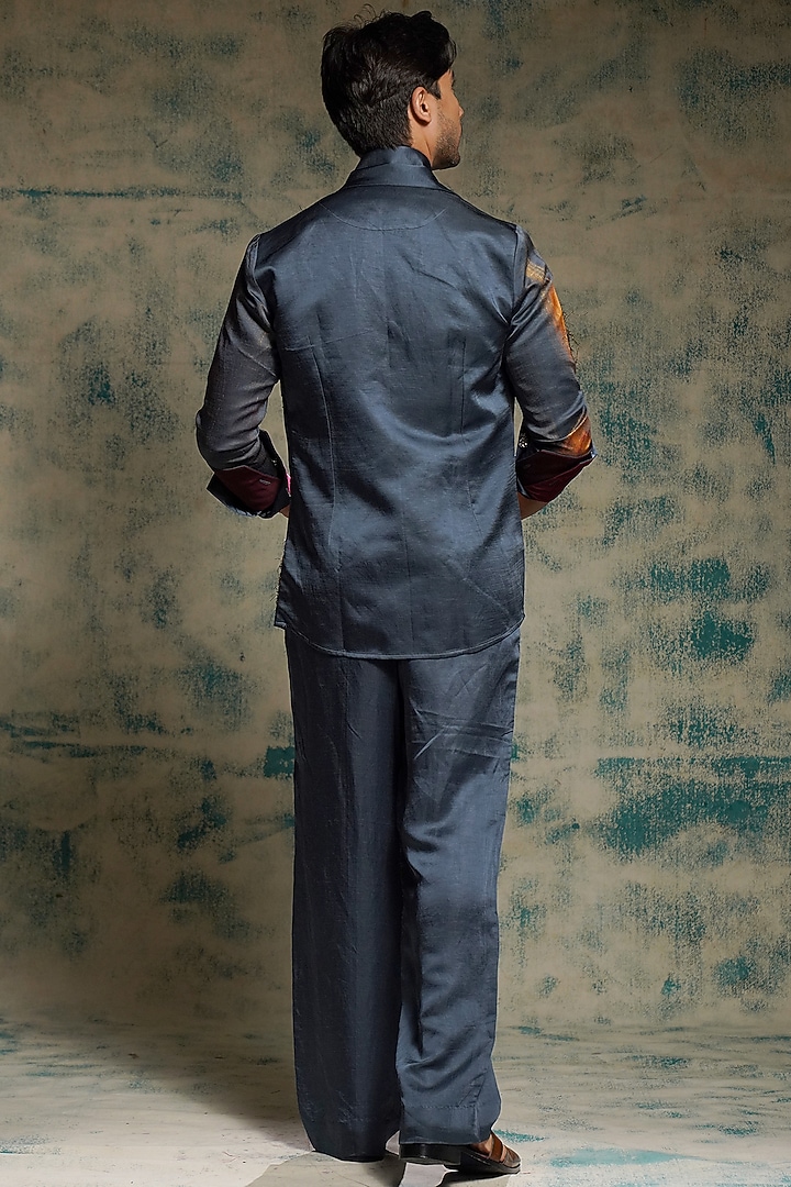 Charcoal Blue Linen Silk Handpainted & Hand Embroidered Blazer Set by Jatin Malik at Pernia's Pop Up Shop
