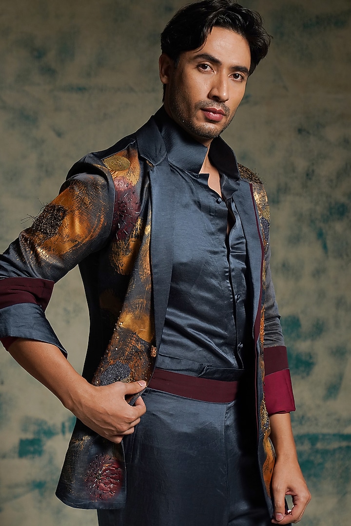 Charcoal Blue Linen Silk Handpainted & Hand Embroidered Blazer Set by Jatin Malik at Pernia's Pop Up Shop