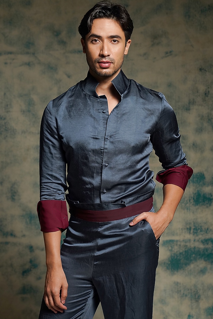 Charcoal Blue Linen Silk Handpainted & Hand Embroidered Blazer Set by Jatin Malik at Pernia's Pop Up Shop
